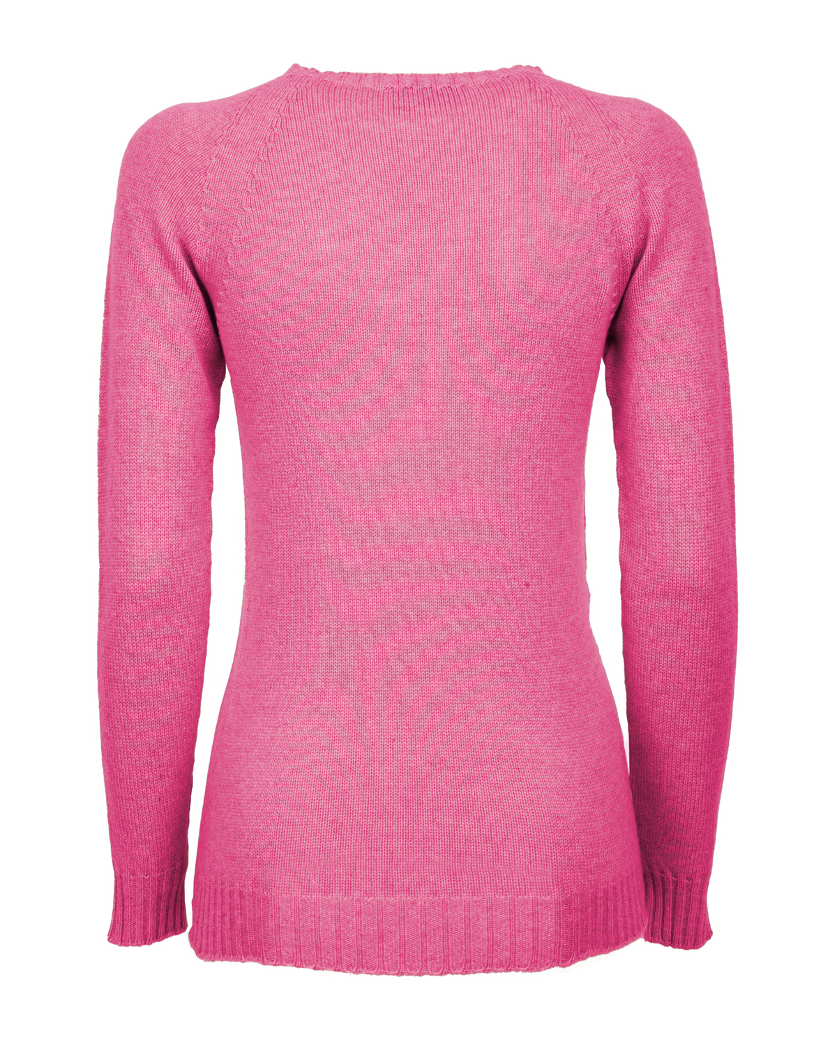 Back view of the fuchsia cashmere raglan crewneck sweater