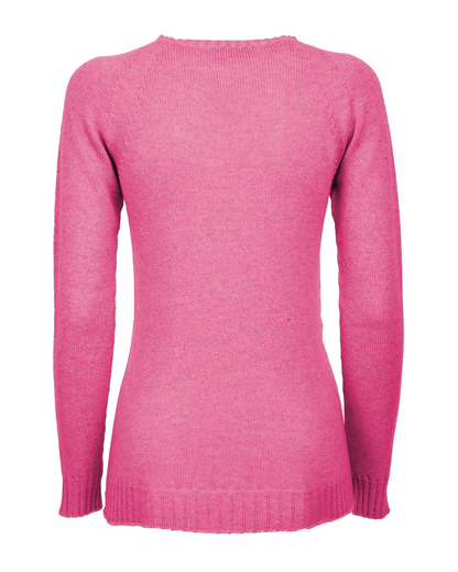 Back view of the fuchsia cashmere raglan crewneck sweater