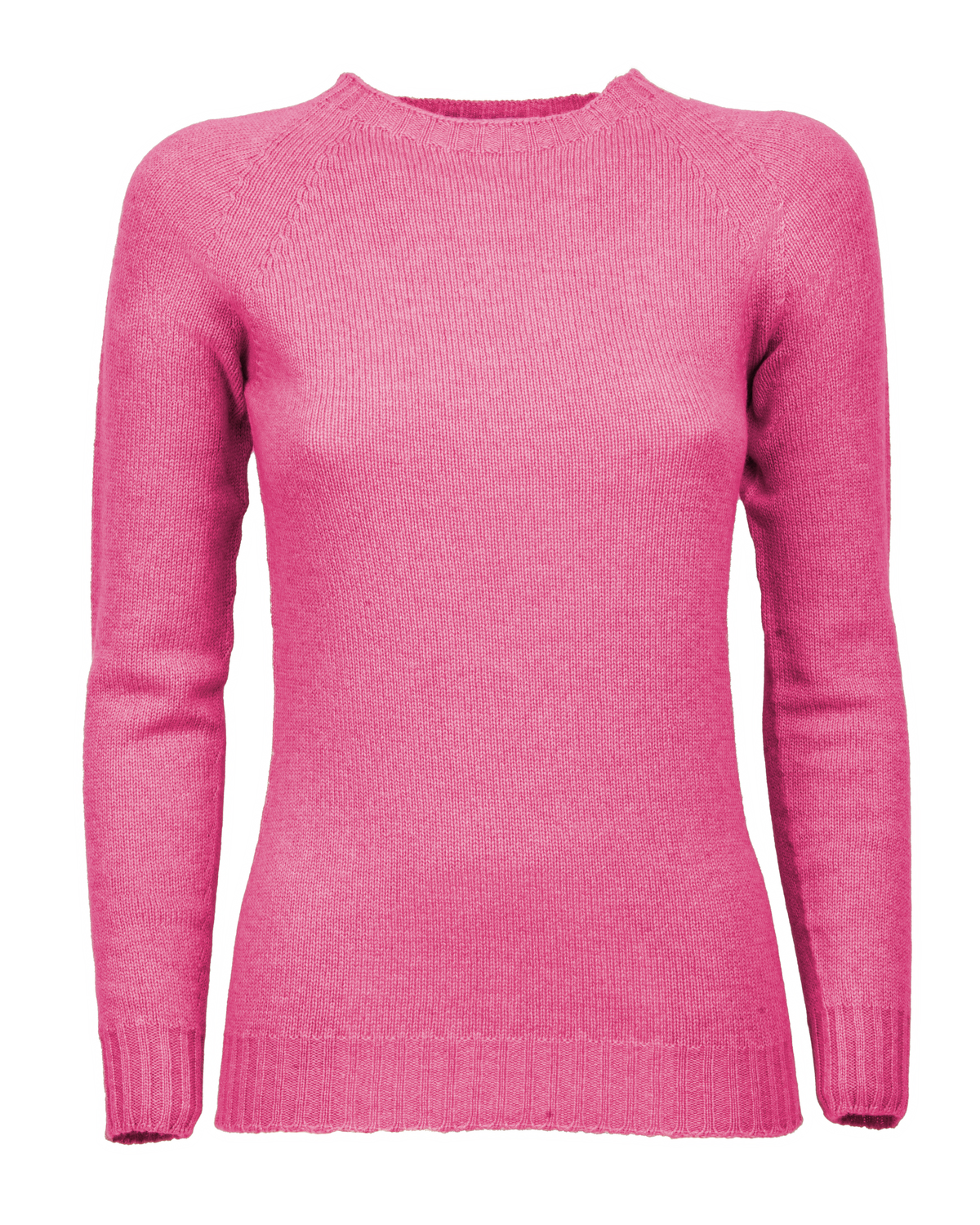 Fuchsia cashmere raglan crewneck sweater, shown from the front.