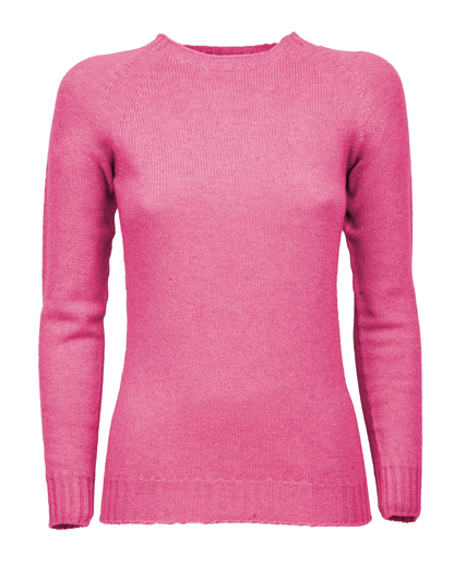 Fuchsia cashmere raglan crewneck sweater, shown from the front.