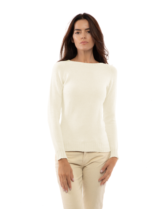 Milk white cashmere raglan crewneck sweater, shown from the front on a model.