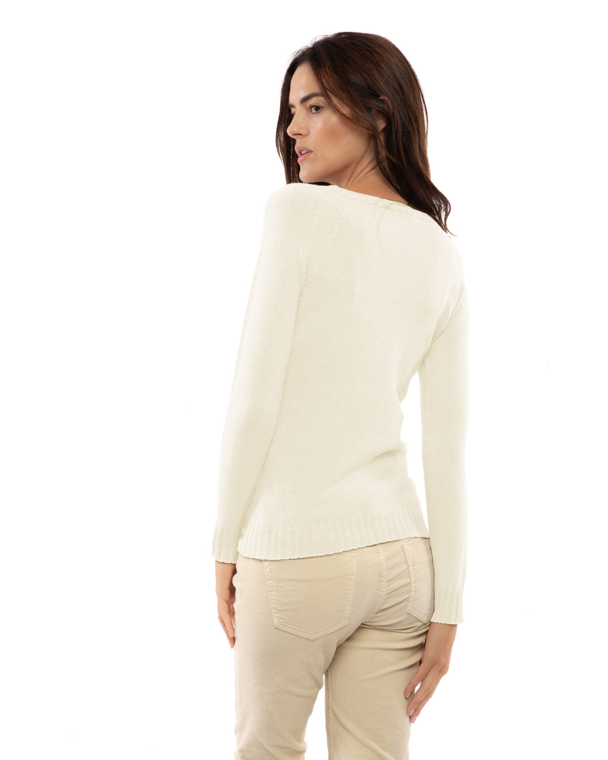 Milk white cashmere raglan crewneck sweater, back view on a model.
