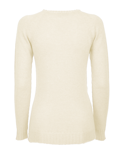 Milk white cashmere raglan crewneck sweater displayed from the front