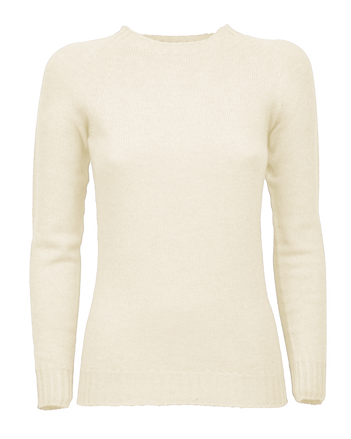 Milk white cashmere raglan crewneck sweater, shown from the front.