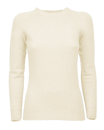 Milk white cashmere raglan crewneck sweater, shown from the front.