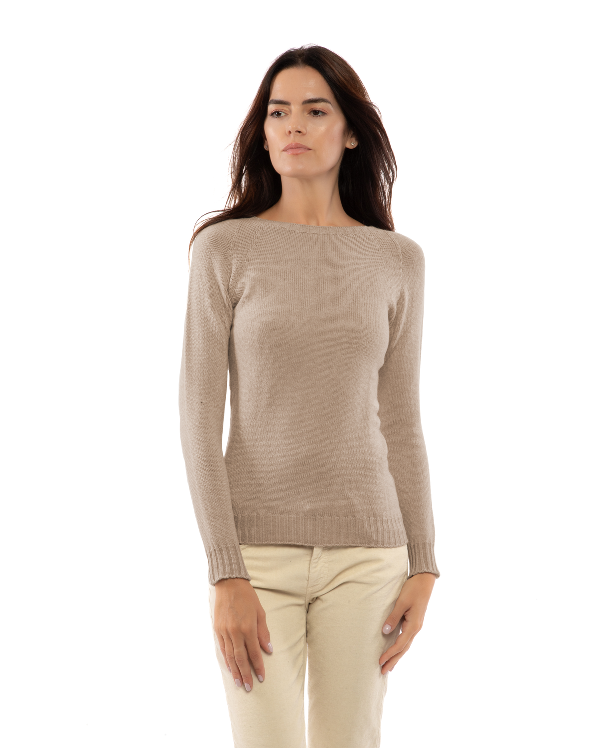 Taupe cashmere raglan crewneck sweater, front view on a model.