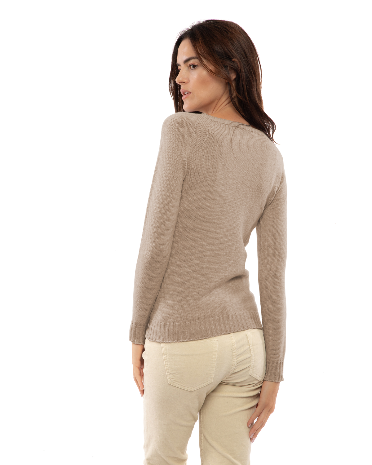 Back view of the taupe cashmere raglan crewneck sweater