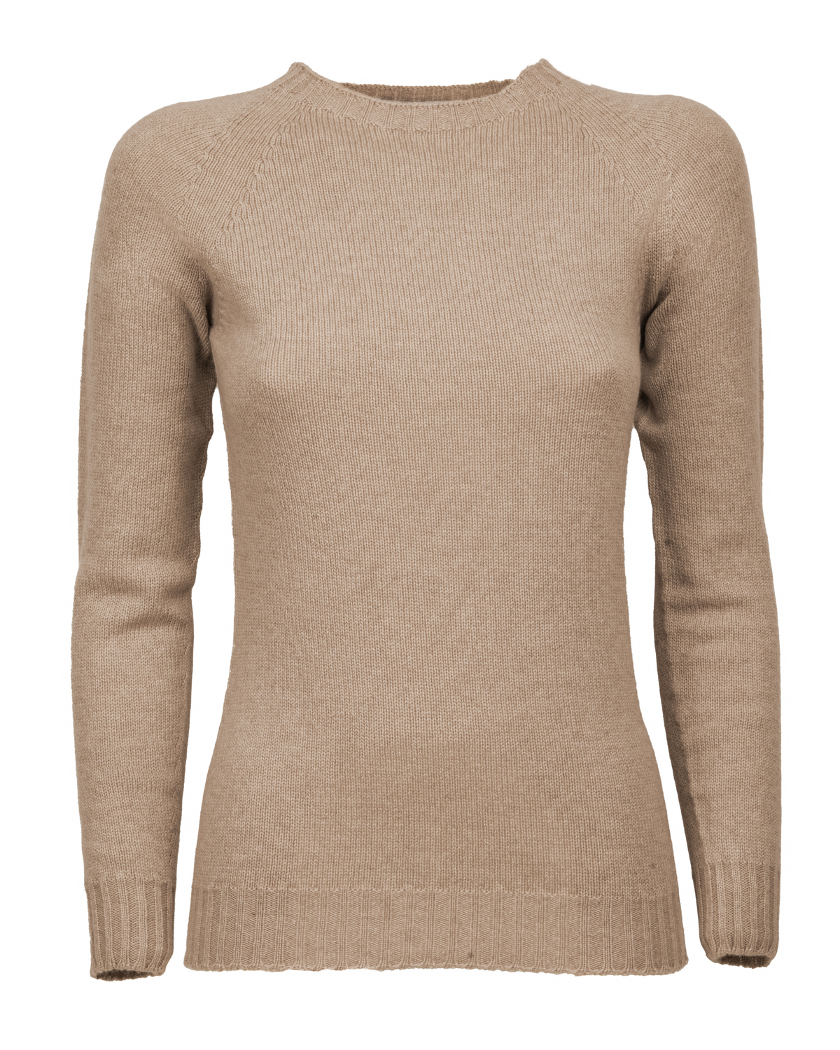 Taupe cashmere raglan crewneck sweater, back view.