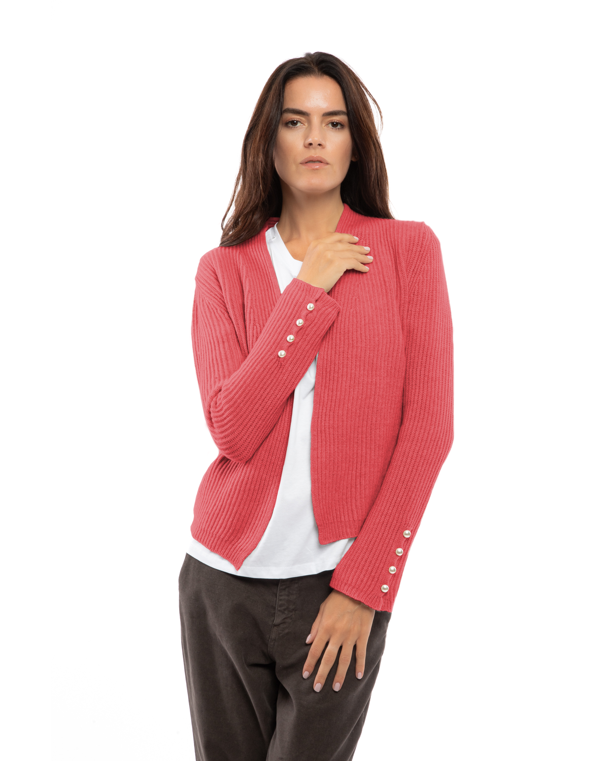 Coral red rib-knit cashmere blazer, shown from the front on a model.