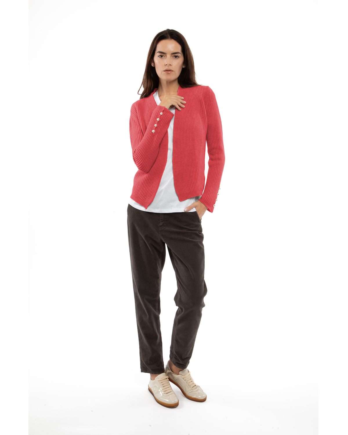Model wearing the coral red rib-knit cashmere blazer