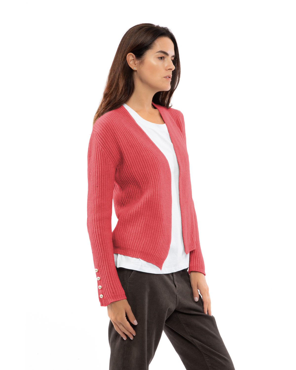 Coral red cashmere rib knit blazer, three-quarter view on a model