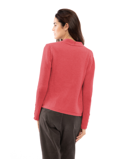 Coral red cashmere rib knit blazer, back view on a model.