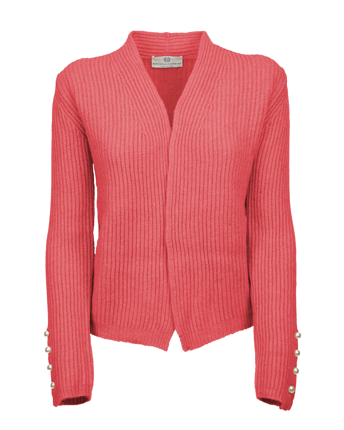 Coral red rib-knit cashmere blazer, shown from the front.