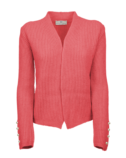 Coral red rib-knit cashmere blazer, shown from the front.