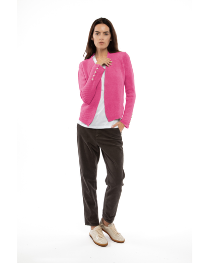 Fuchsia rib-knit cashmere blazer, shown from the front on a model.