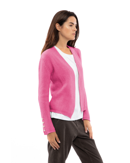 Side view of the fuchsia rib-knit cashmere blazer over a white top
