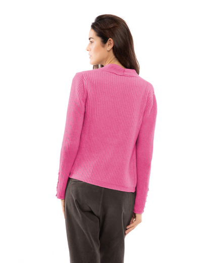 Fuchsia cashmere rib knit blazer, back view on a model