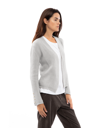 Light gray rib-knit cashmere blazer, shown at an angle on a model.