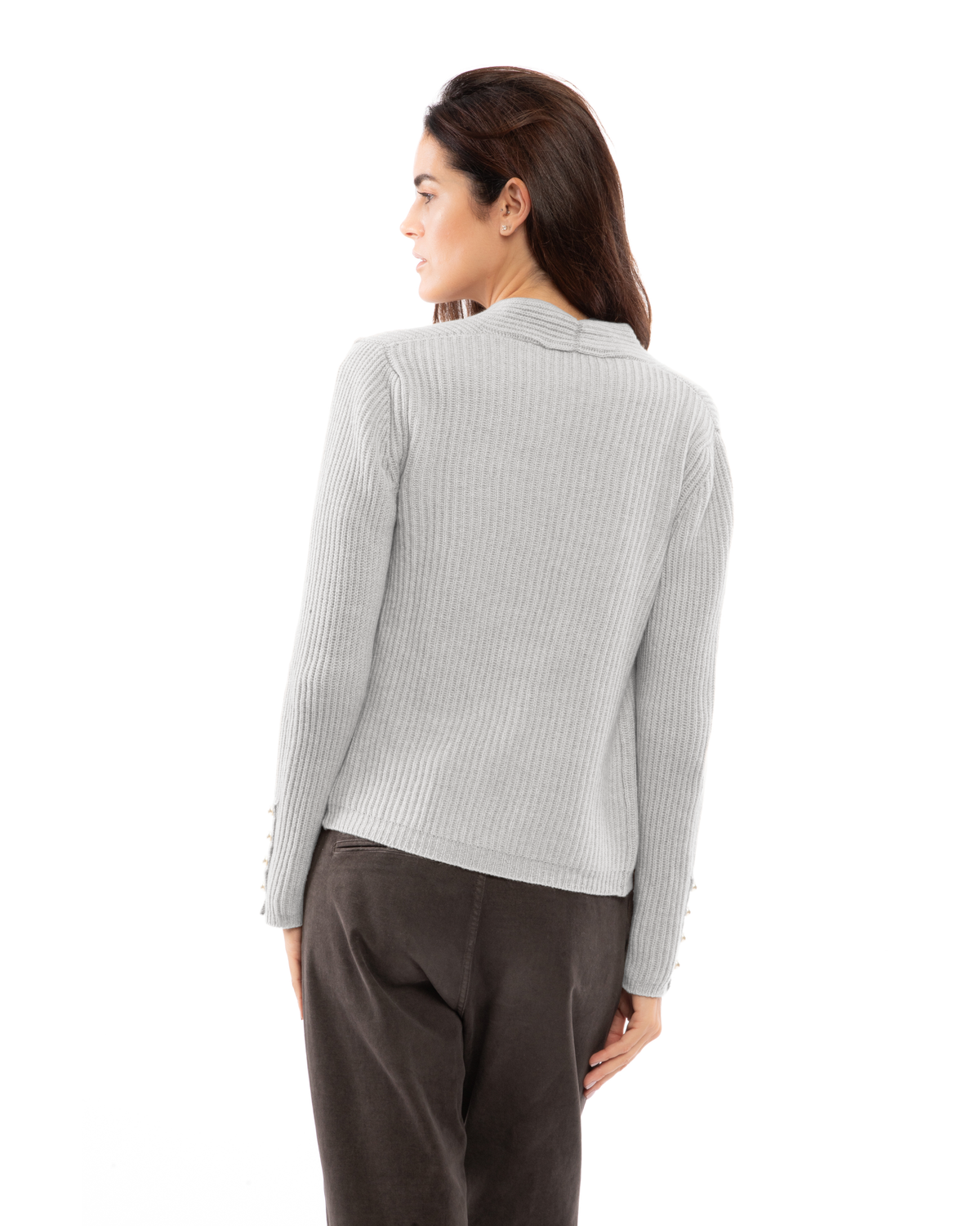 Back view of the light gray rib-knit cashmere blazer