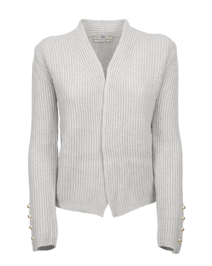 Light gray cashmere rib knit blazer, front view.