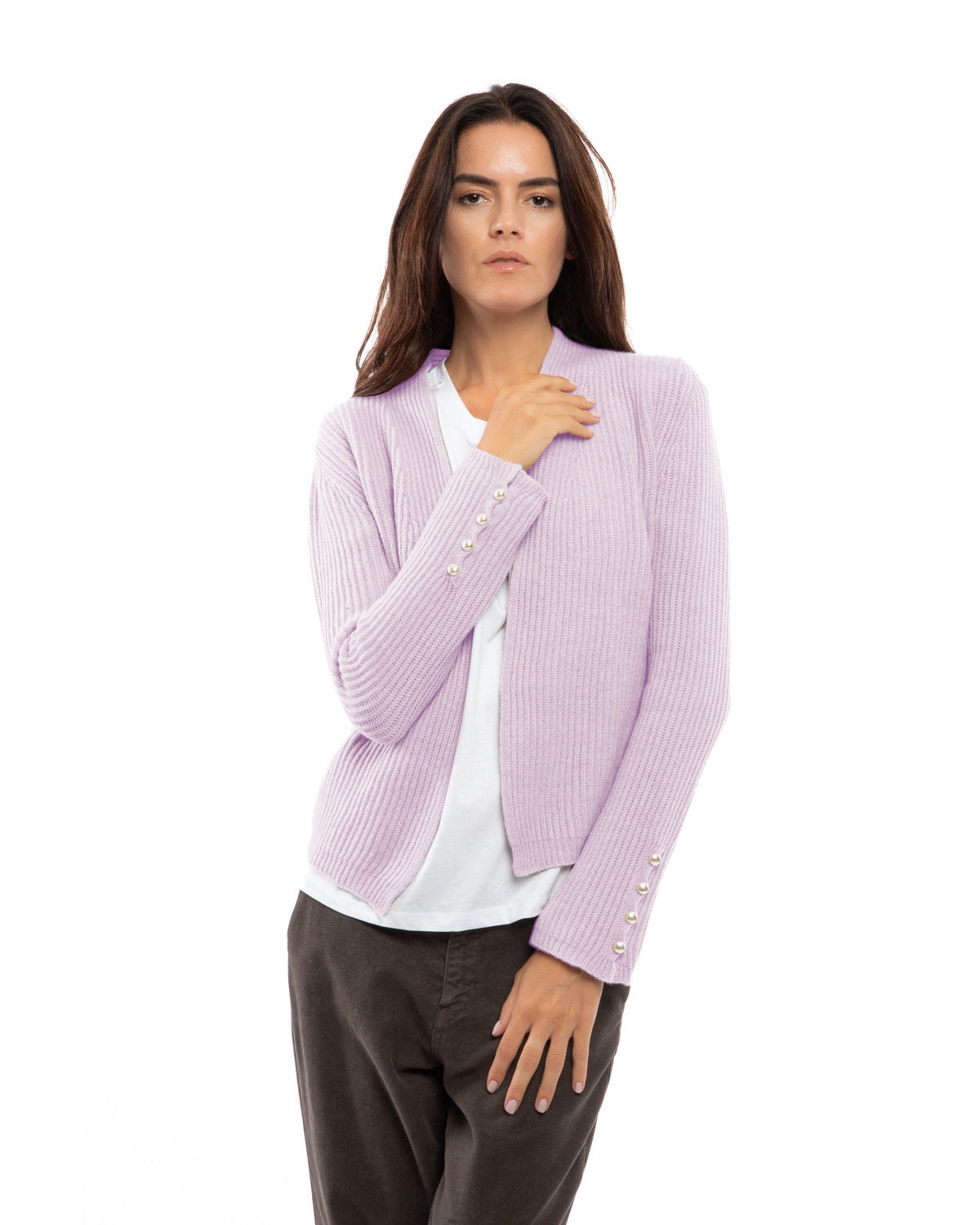 Lilac rib-knit cashmere blazer, shown from the front on a model.