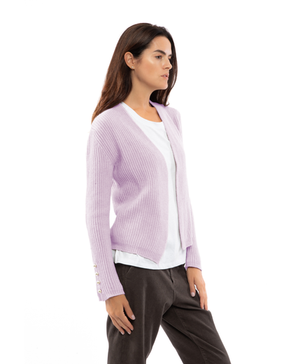 Lilac cashmere rib knit blazer, three-quarter view on a model