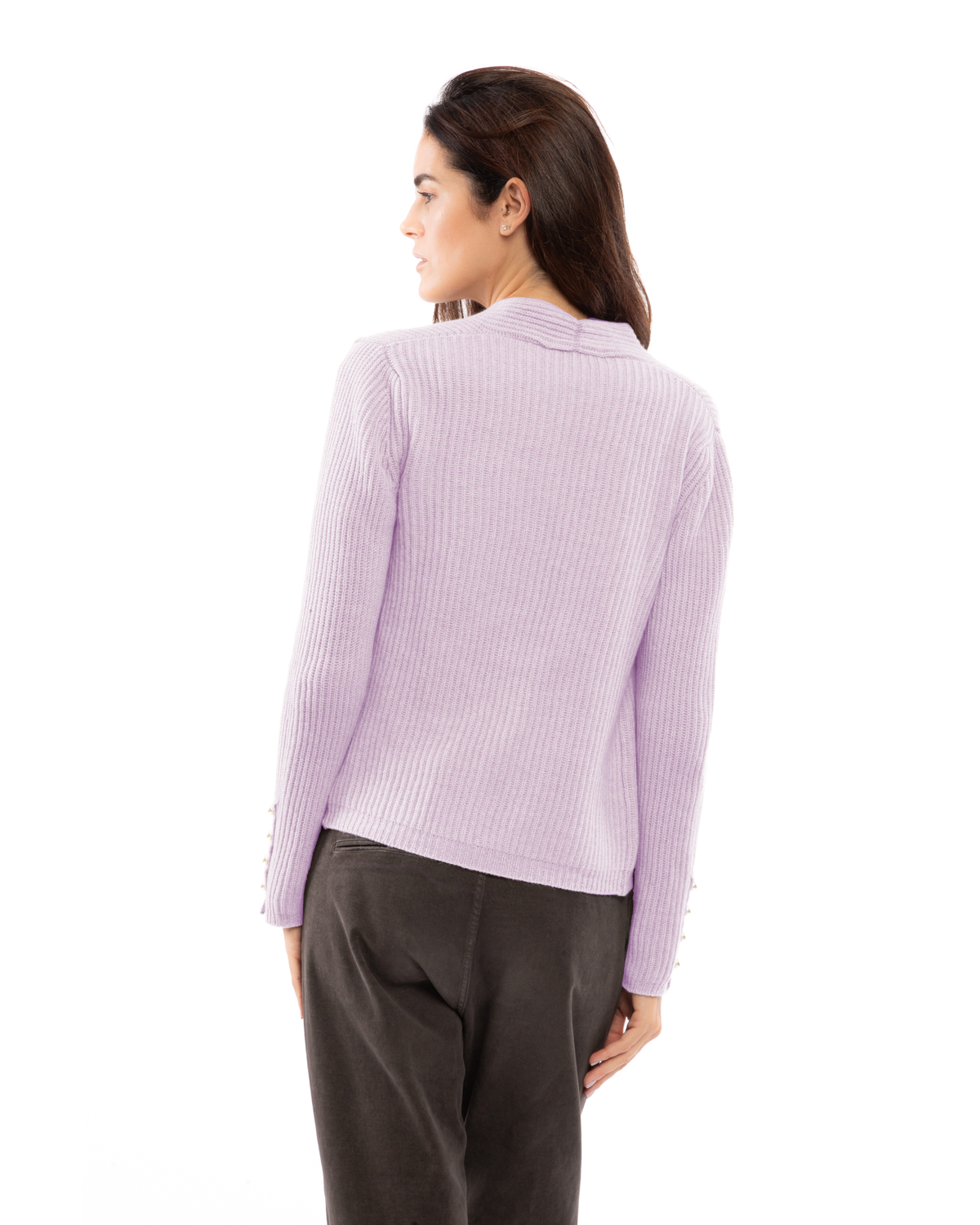 Lilac cashmere rib knit blazer, back view on a model.