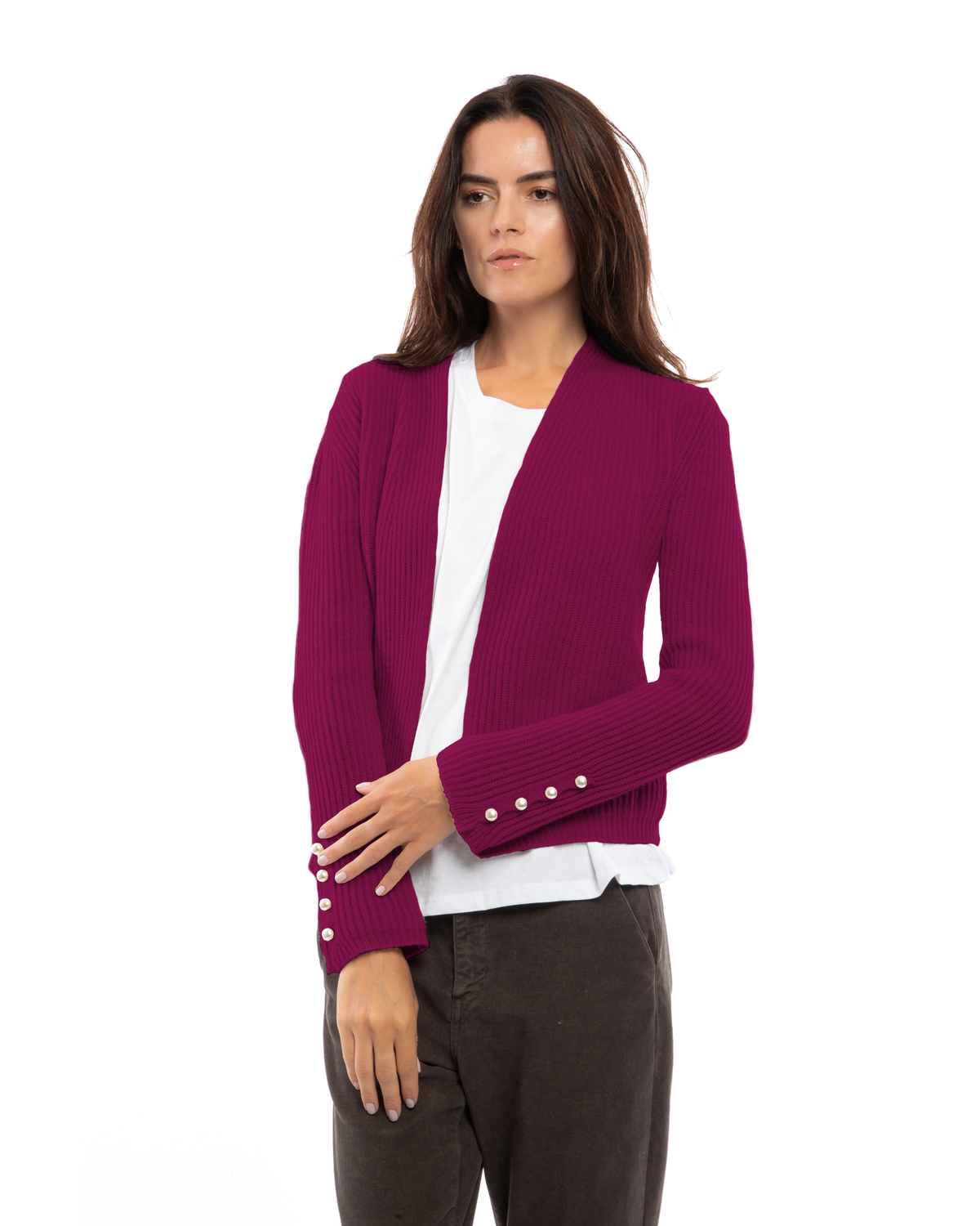 Magenta cashmere rib knit blazer, front view on a model