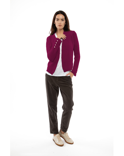Magenta cashmere rib knit blazer, front view on a model.