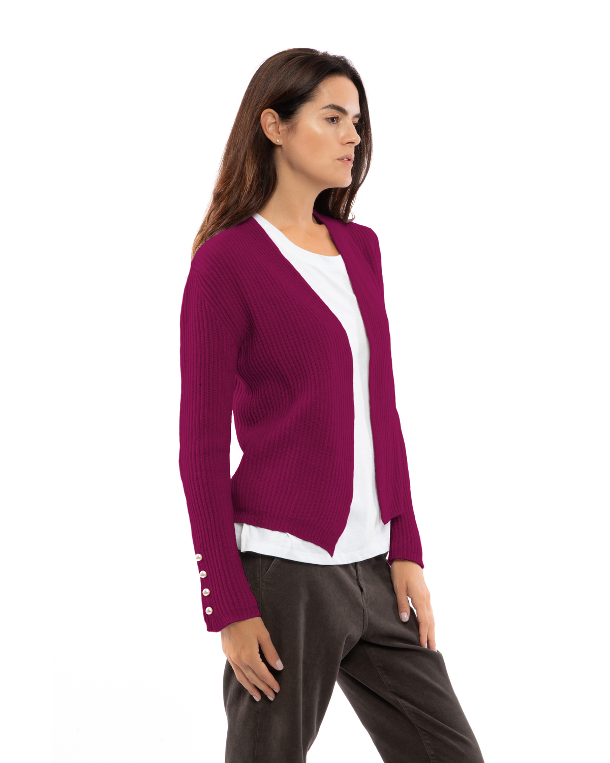 Model wearing a cashmere rib knit blazer in magenta, front view