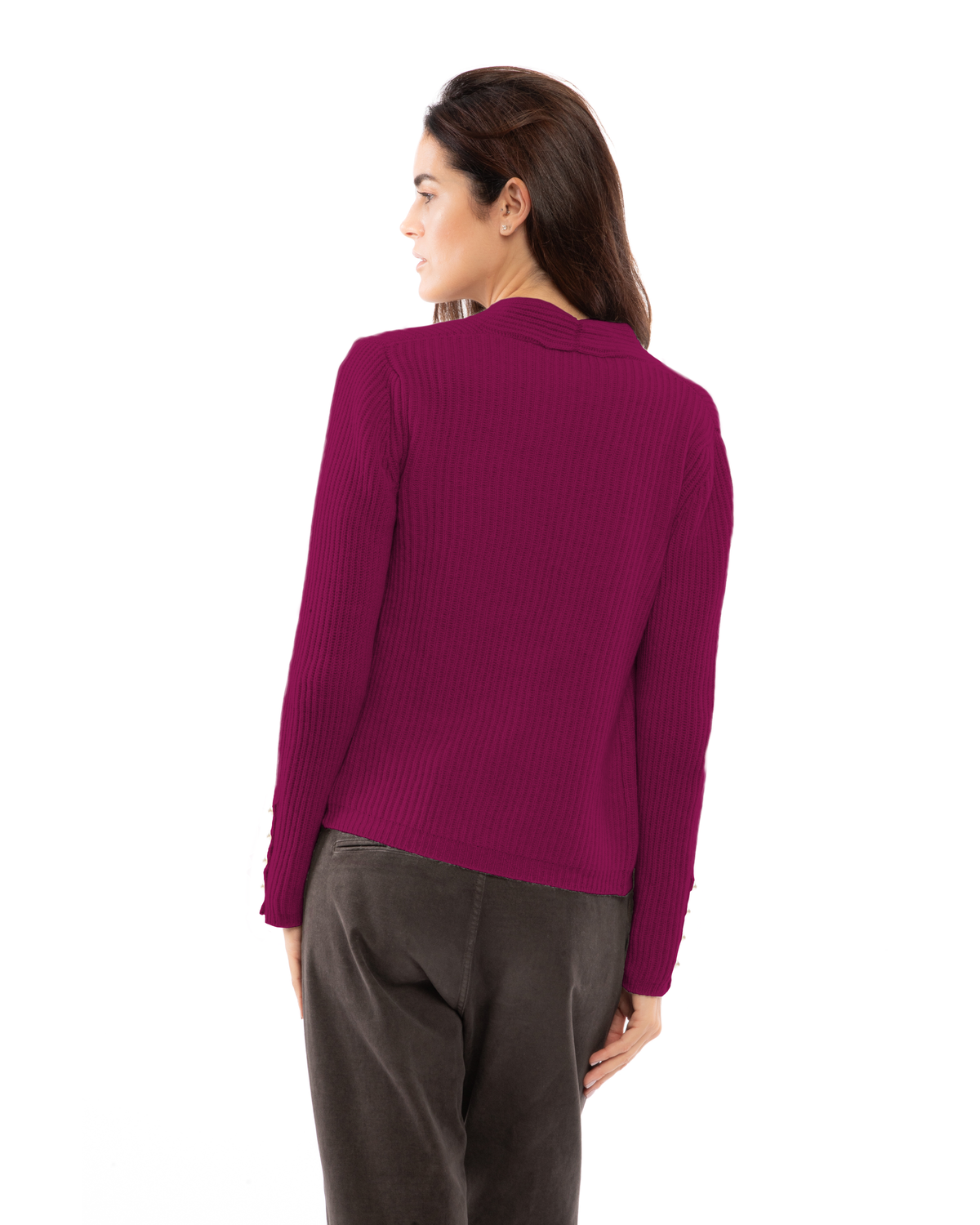 Magenta rib-knit cashmere blazer, shown from behind on a model.