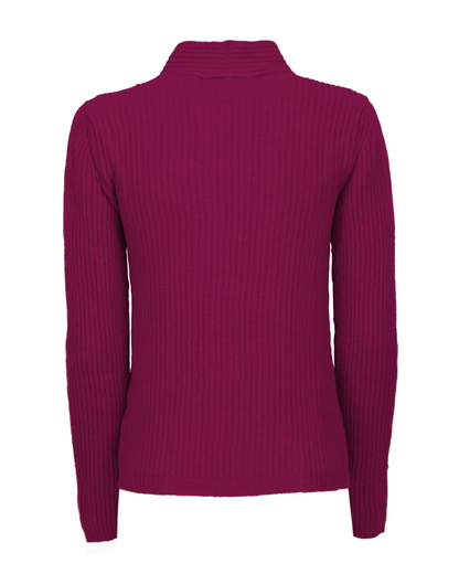 Magenta cashmere rib knit blazer, back view.