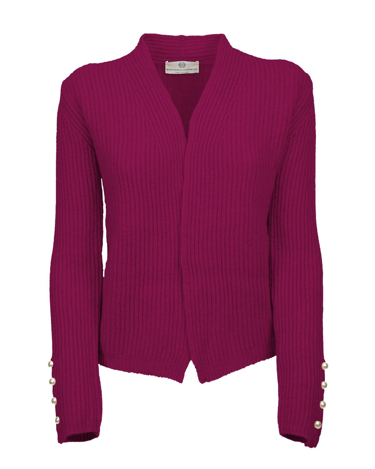 Magenta cashmere rib knit blazer, front view laid flat