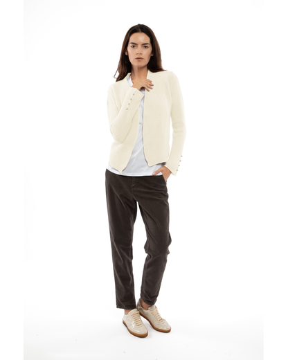 Milk white rib-knit cashmere blazer, shown from the front on a model.