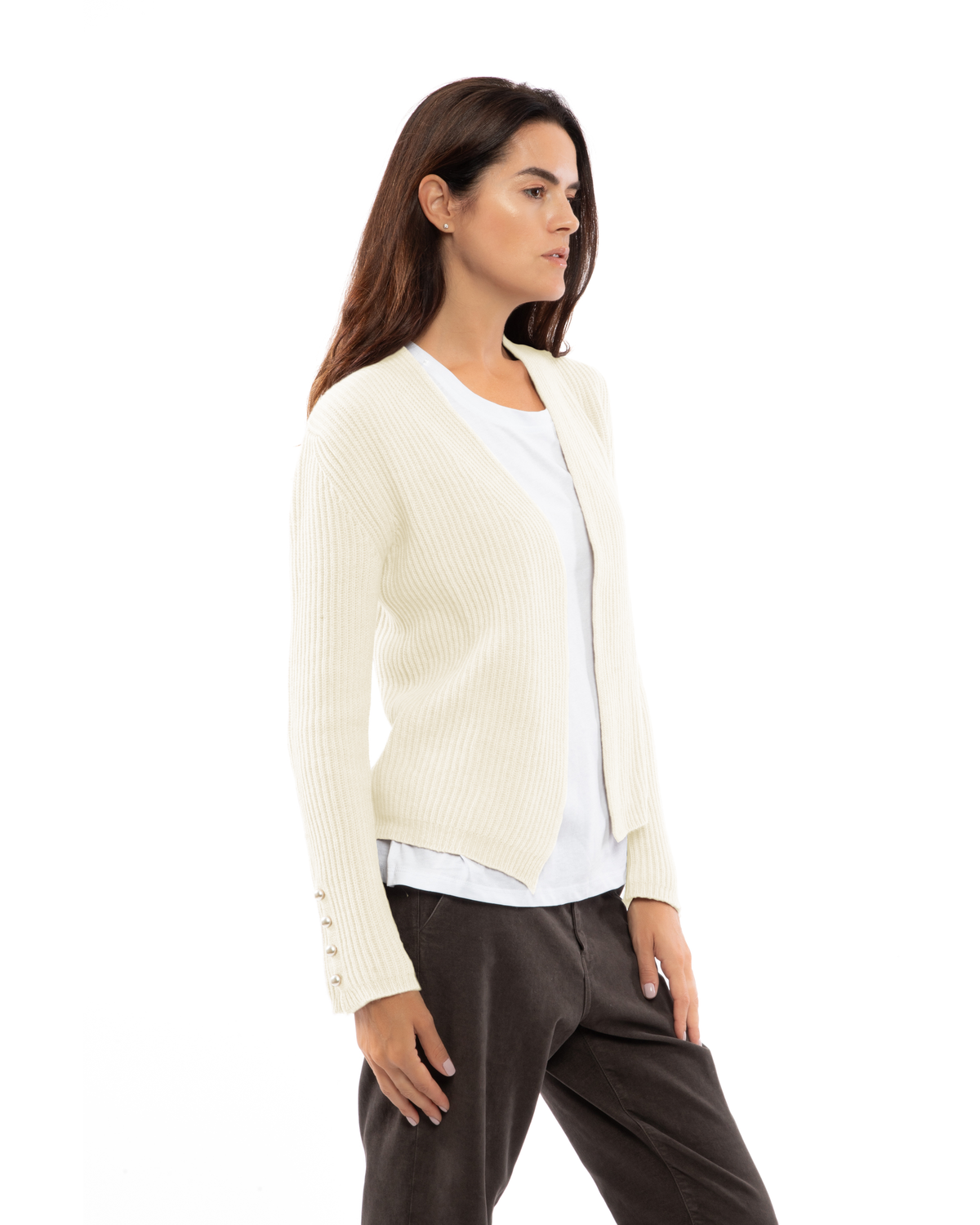 Milk white rib-knit cashmere blazer worn over a white top