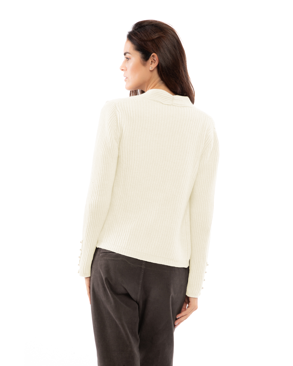 Milk white cashmere rib knit blazer, back view on a model