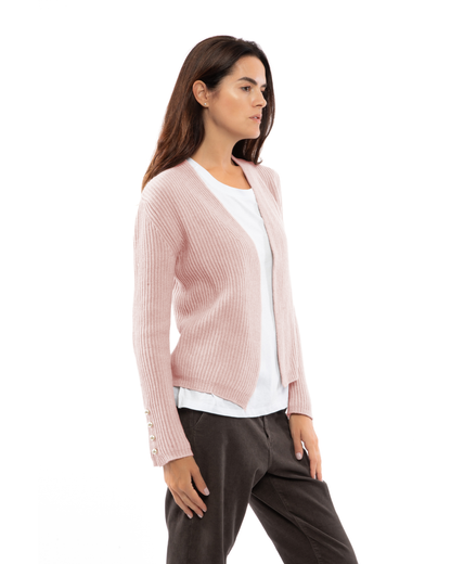 Old rose cashmere rib knit blazer, worn open on a model.