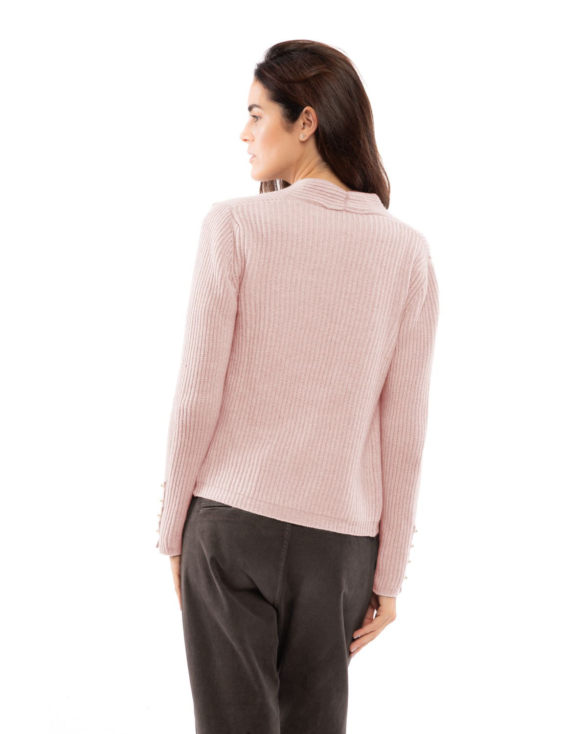 Back view of a model wearing a cashmere rib knit blazer in old rose