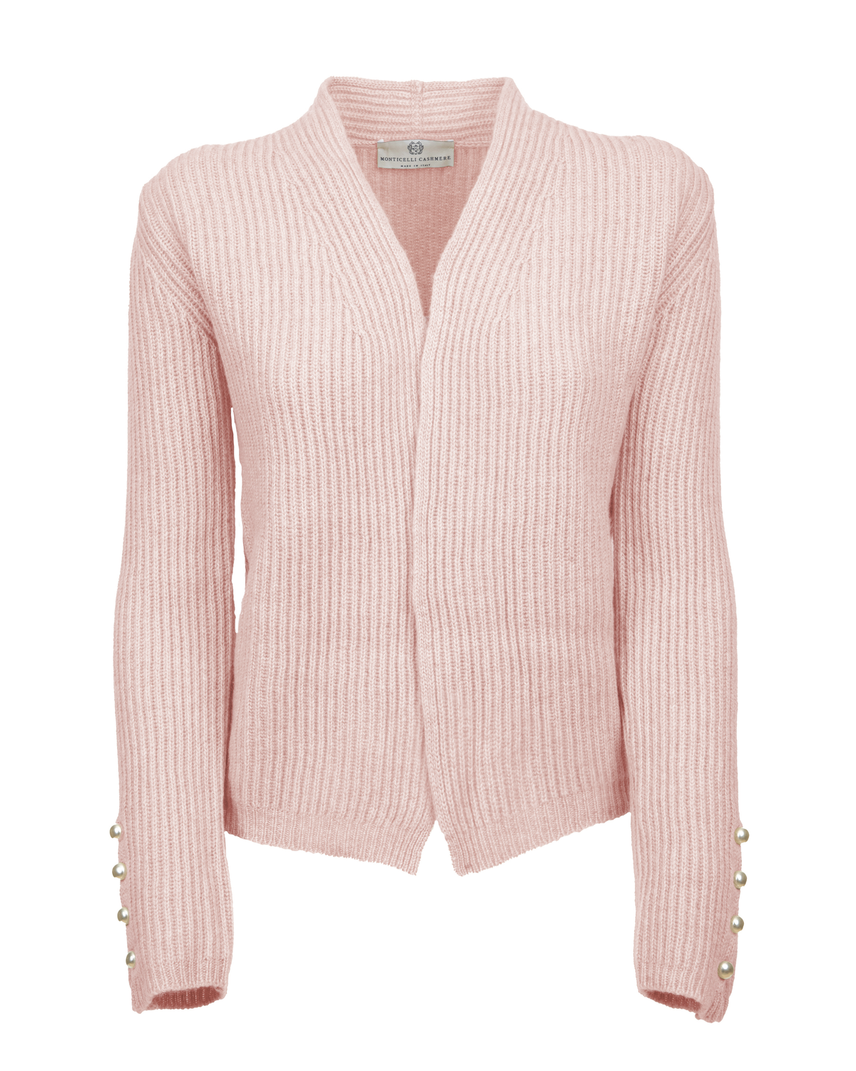 Old rose rib-knit cashmere blazer displayed with decorative cuff buttons