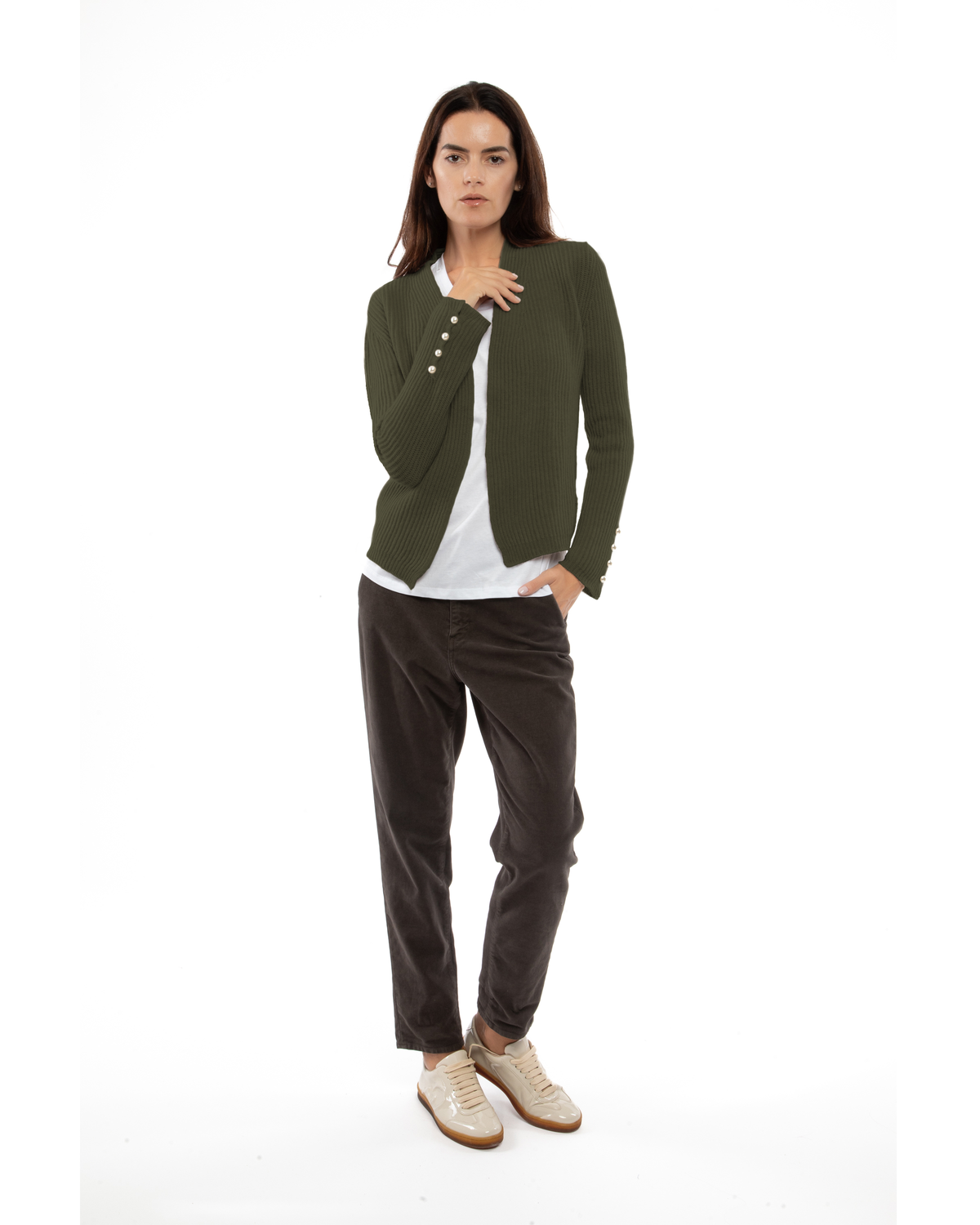 Women's Pure Cashmere Rib Knit Blazer Olive Green — view 2