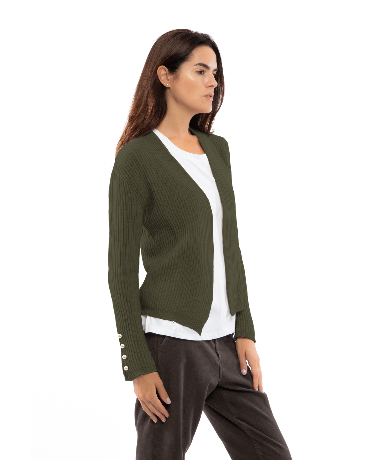Women's Pure Cashmere Rib Knit Blazer Olive Green — view 3
