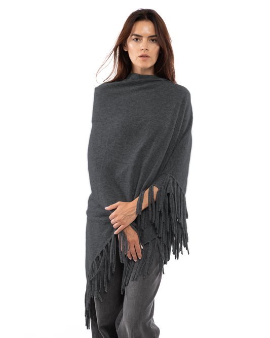 Women's Pure Cashmere Fringe Wrap Charcoal