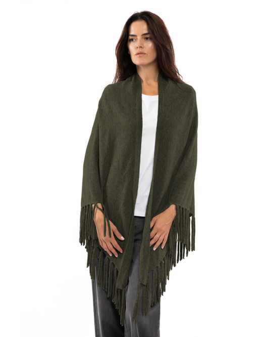 Women's Pure Cashmere Fringe Wrap Olive Green