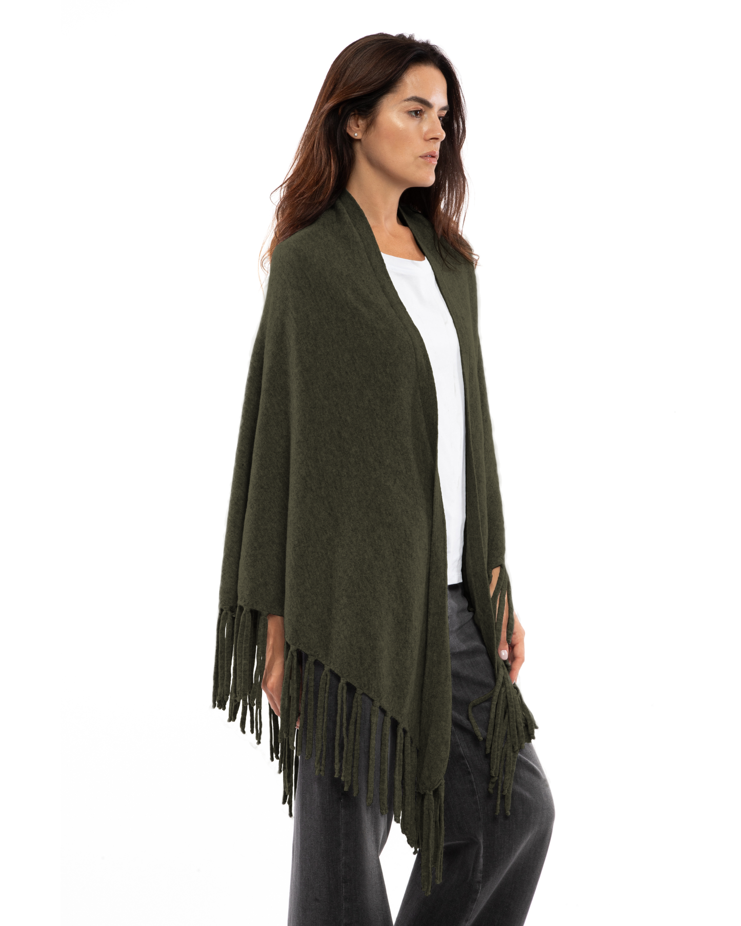 Women's Pure Cashmere Fringe Wrap Olive Green