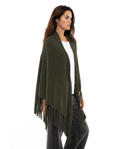 Women's Pure Cashmere Fringe Wrap Olive Green