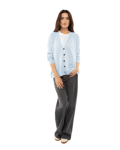 Women's cashmere oversized cardigan in Baby Blue, full-length front view on model