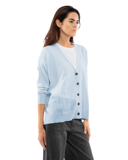Women's cashmere oversized cardigan in Baby Blue, three-quarter front view on model