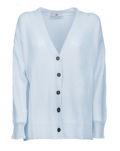 Women's cashmere oversized cardigan in Baby Blue, front garment view showing the V neckline and button closures