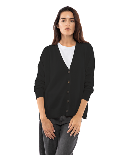 Women's cashmere oversized cardigan in Black, front portrait view on model