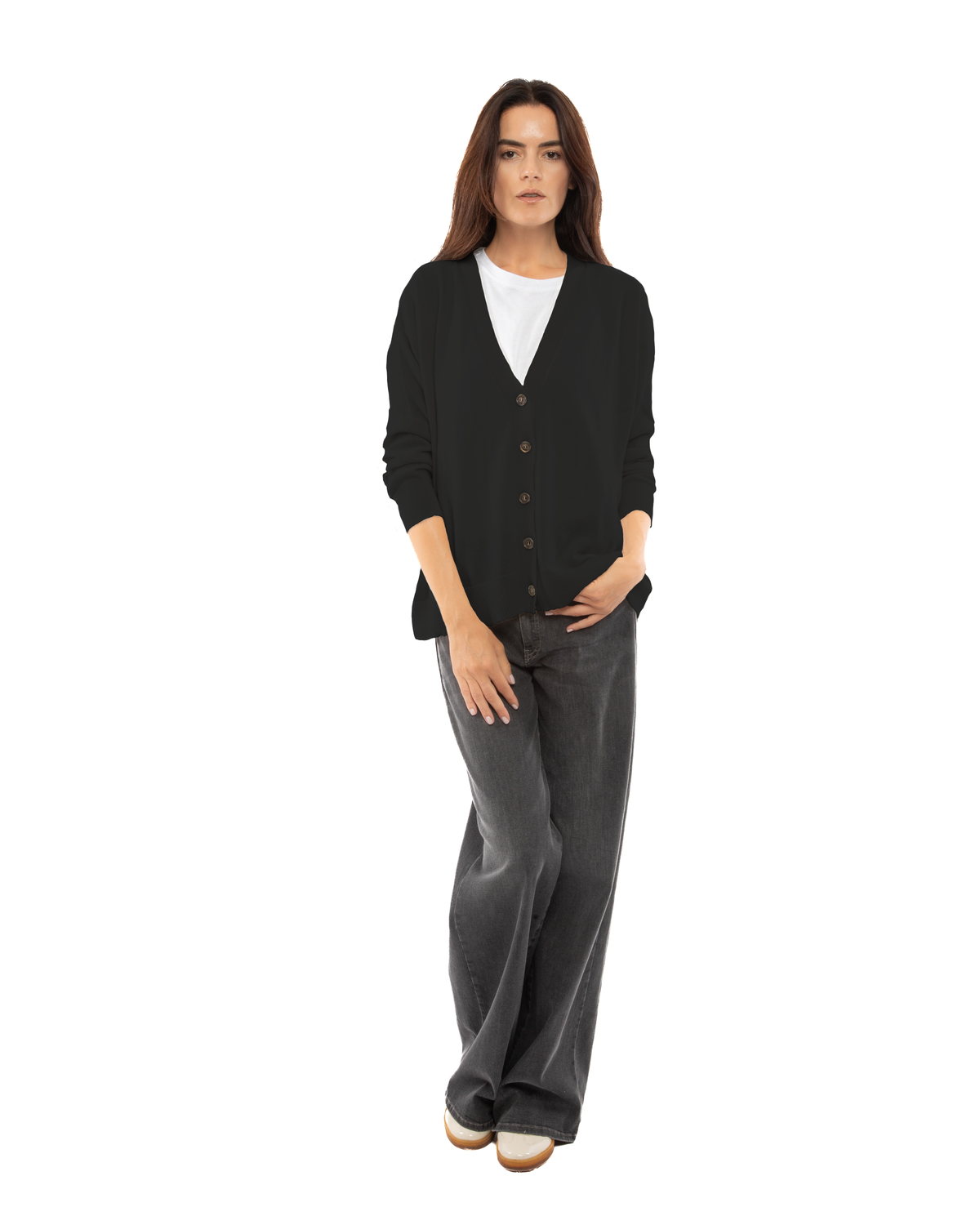 Women's cashmere oversized cardigan in Black, full-length front view on model